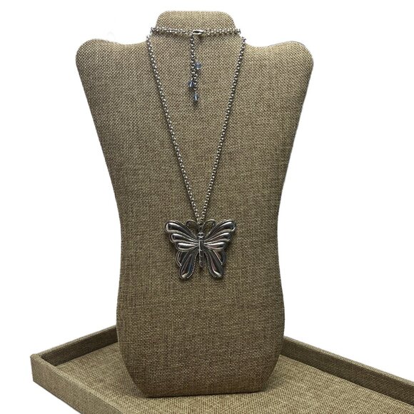 Butterfly Pendant Necklace with Blue Crystals Antique Silver Tone - Picture 2 of 8
